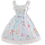 Smiling Angel Sweet Lolita Printed Rabbit Dress Sleeveless Chiffon Lace JSK Princess Dress (Blue, S-M)