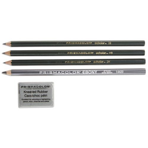 Prismacolor Scholar Graphite Pencil Set, 4B, 2B, HB, 2H Pencils, Kneaded Eraser