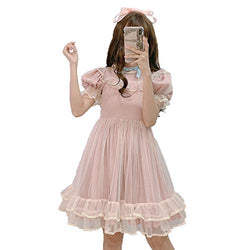 Summer Japanese Lolita Lace Dress Teen Girls Soft Cute Ruffles A-Line Princess Party Dresses (L) Pink