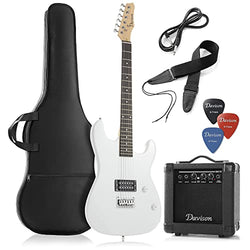 Davison Full Size Electric Guitar with 10-Watt Amp, White - Right Handed Beginner Kit with Gig Bag and Accessories