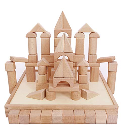 iPlay, iLearn Kids Wooden Building Block Set, 72 Pcs Wood Castle Blocks Kit, Natural Wooden Stacking Cubes, Educational