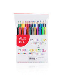 12 Gel Pens & 24 Pre-sharpened Colored Pencils Value Pack | 5 Solid, 4 Metallic and 3 Fluorescent