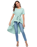 Romwe Women's Irregular Hem Short Sleeve Belted Flare Peplum Ruffle Blouse Shirts Top Green L