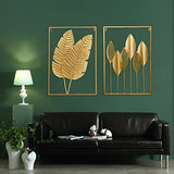 HKaikzo Gold Metal Wall Decor Set of 2, Leaf Wall Hanging Home Decor with Frame, Modern Wall Art Decor Wall Sculptures for Living Room, Bedroom, Office, Hotel, Large 24" X 16"