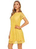 Romwe Women's Short Sleeve Summer Lace Wide Hem Dress Yellow_no Stretchy Small