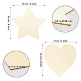 100PCS Unfinished Blank Wood Pieces, 4 x 4 Inch Natural Wooden Slices Star & Heart Shape Cutouts for DIY Crafts Pyrograph Painting Staining Burning Engraving Carving Coasters