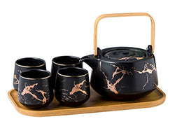 Jusalpha Marble Porcelain Teapot Set, Modern Japanese Tea Pot with Infuser for Loose Tea (40 OZ), 4-Piece Tea Cups (6.7 OZ) with Bamboo Tray - Tea Cups Set for Home and Restaurant, FDJPT4 (Black)
