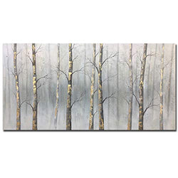 AMEI Art Paintings,24x48Inch Pure Hand Painted Foggy Forest Oil Paintings Abstract Aspen Tree Wall Art Morning Landscape Artwork Home Wall Decor Oil Hand Painting Stretched and Framed Ready to Hang