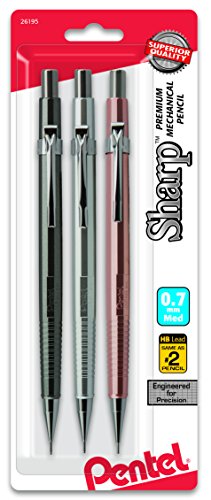 Pentel Sharp Mechanical Pencil 0.7Mm Metallic Barrels, Assorted Colors, Pack of 3 (P207MBP3M)