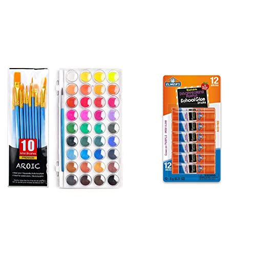 AROIC Watercolor Paint Set,with a Watercolor Paint,36 Color & Elmer's Disappearing Purple School Glue Sticks,Washable,6 Grams,12 Count