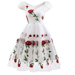 Women 1950s Vintage Pinup Audrey Hepburn Rockabilly Swing Off Shoulder Rose Floral Cocktail Party Dress #B: White M
