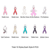 PandaHall Elite 60 Pcs Alloy Ribbon Pendants Enamel Awareness Dangle Charms Beads 10 Styles for