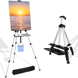 NIECHO 66 Inches Silver Easel Stand with Tray,Aluminum Metal Easels for Painting Canvas Adjustable Height from 17" to 66" with Carry Bag for Table-Top/Floor Painting and Displaying