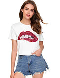 ROMWE Women's Summer Short Sleeve Sequin Lip Print T Shirts Tops White L