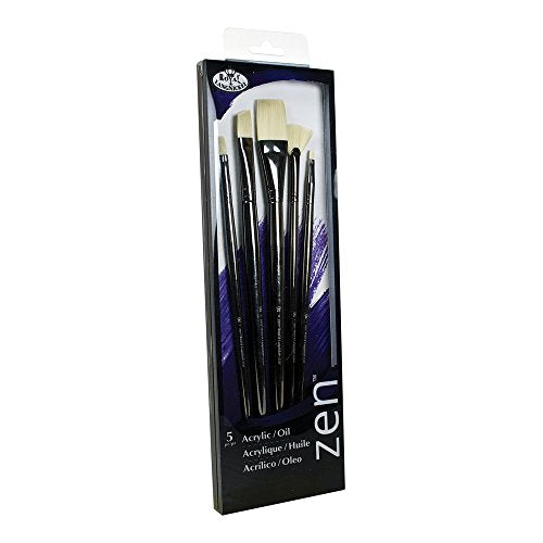 Royal & Langnickel, Zen Series 33, Set of 5 Brushes, Long Handle, Synthetic White Bristle, Flat 12,