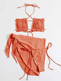 Romwe Women's 3 Pack Swimsuit String High Cut Halter Bikini Set with Sarong Beach Skirt Orange L
