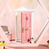 Haomian Doll Door, Pink Miniature Tiny Vintage Simulated Wood Single Door with Fence and Welcome Doormat Tooth Fairy Door Dollhouse DIY Accessories Fairy Garden Decoration