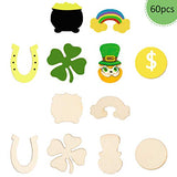 Biubee 60pcs 6 Shapes St. Patrick's Day Blank Wooden Ornaments- Unfinished Wood Shamrock Horseshoe Rainbow Leprechaun Hat Pot of Gold Coins Cutouts for St. Patrick's Day Party Favors DIY Decoration
