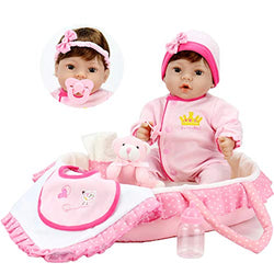 Aori Reborn Baby Dolls 18 inch Lifelike Vinyl Weighted Girl Doll,9-Piece Gift Set with Pink Carrier Bed