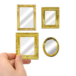 iLAND Miniature Dollhouse Accessories on 1:12 Scale of Framed Glass Mirror for Dollhouse Furniture (Bright Golden 4pcs)