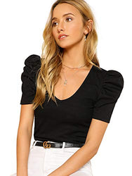 Romwe Women's Elegant Short Puff Sleeve Knit Summer V-Neck T-Shirt Tops Black Medium