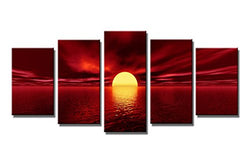 Wieco Art Red Sun Large Modern 5 Panels Seascape Sea Giclee Paintings Canvas Prints Wall Art Gallery Wrapped Pretty Ocean Sunset Pictures Artwork for Kitchen Bathroom Home Office Decoration Wall Decor