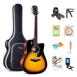 Rosen Solid Top Dreadnought Acoustic Guitar 41 Inches Spruce Guitar Beginner Bundle with Book, Padded Bag, Strings, Picks, Tuner, Hexwrench, Strap, Polishing Cloth, Sunburst