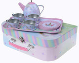 Jewelkeeper 15 Piece Kids Pretend Toy Tin Tea Set & Carrying Case - Party Unicorn Design