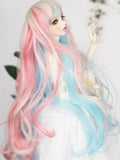 (18-18.5CM) BJD Doll Hair Wig 8-9" 1/4 MSD DZ DOD LUTS Long Wavy Hair / 3 Colors Mixed Light-Golden + Light-Blue + Pink / FBE042