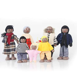 Wooden Black Dollhouse People, 7 Family Figures Miniature Doll House, Wooden Doll House Family Dress-up Characters Grandpa, Grandma, Mom, Dad, Boy, Girl and Baby