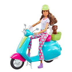 Barbie Travel Playset with Fashionistas Travel Doll (11.5 in Brunette) and Scooter, Pet Puppy, Stickers & Travel Accessories, Gift for 3 to 7 Year Olds