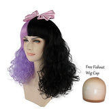 Two Tone Lavender Black Mid-Length Curly Wig with Bangs Pop Singer Cosplay Wigs w/Satin Ribbon Bow for Halloween Costume Party