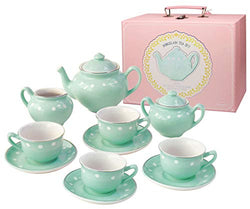 Bright Stripes Porcelain Tea Set 13 Piece in Deluxe Carry Case - Mint Pretend Play Set for Kids - Heirloom Quality Porcelain Tea Set for Kids