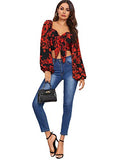 Romwe Women's Floral Print Lantern Long Sleeve Sweetheart Tie Knot Front Shirred Crop Blouse Tops Red Large