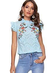 Romwe Women's Sleeveless Ruffle Stand Collar Embroidery Button Slim Blouse Top Blue L