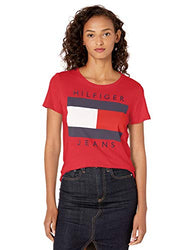 Tommy Hilfiger Women's Short Sleeve Crew Neck Flag Logo T-Shirt, Scarlet Red, Small