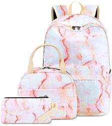 Backpack for Teen Girls School Bag Kids Lightweight Bookbag Set Daypack with Lunch Bag and Pencil Case (Pink Marble)