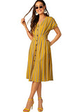 Romwe Women's Elegant Striped A-line Shirt Dress with Pockets Ginger M