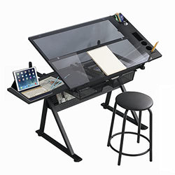 Gynsseh Glass Drafting Tables Drawing Desk with Stool, Height Adjustable Art Table for Artists, Tiltable Tabletop Art Craft Desk Paintings Desk for Home Office School (Black)
