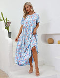 YESNO Women Casual Loose Bohemian Floral Dress with Pockets Short Sleeve Long Maxi Summer Beach Swing Dress M EJF CR303