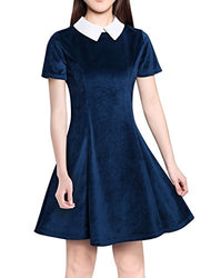 Allegra K Women's Peter Pan Collar Short Sleeves Flare Dress L Blue