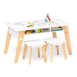 Wildkin Kids Arts and Crafts Table Set for Boys and Girls, Mid Century Modern Design Table Includes Two Stools, Paper and Storage Cubbies Underneath Helps Keep Art Supplies Organized (White)