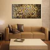 Large Abstract Dark Gold add Silver Wall Art Hand Painted Textured Squares Oil Painting on Canvas Framed Ready to Hang 60x30inch