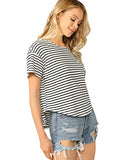 Romwe Women's Striped Short Sleeve Drop Shoulder Curved Hem Summer Tee Tops White XS