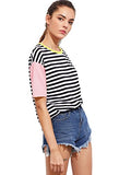 Romwe Women's Colorblock Summer Contrast Neck and Sleeve Casual Striped Tee T-shirt Top pink green Large