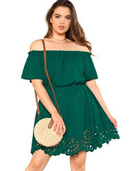 Romwe Women's Plus Size Off The Shoulder Hollowed Out Scallop Hem Party Short Dresses Green 0X Plus