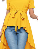 Romwe Women's Irregular Hem Short Sleeve Belted Flare Peplum Ruffle Blouse Shirts Top Yellow M