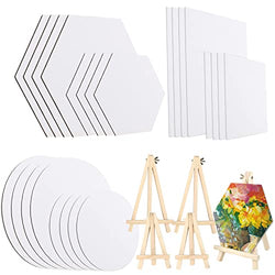 24 Packs Canvases for Painting with 4 Mini Easel, Canvas Panels for Oil Watercolor Canvas Painting Kit 8x10 5x7 Hexagon Round Rectangle Small White Blank Canvas Boards Bulk for Kids Adult Canvas Art