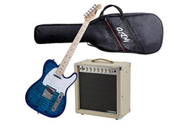 Monoprice Guitar Starter Kit - Includes 15Watt Tube Amplifier with Celestion Speaker & Spring + Indio Retro DLX Quilted Maple Top Electric Guitar With Gig Bag - Trans Blue (Bundle)