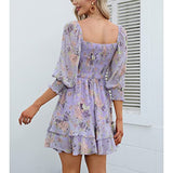 EXLURA Womens Floral Ruffle Sun Dress Sundress Tiered Square Neck Long Sleeve Off Shoulder Smocked Skater Mini Dress Purple